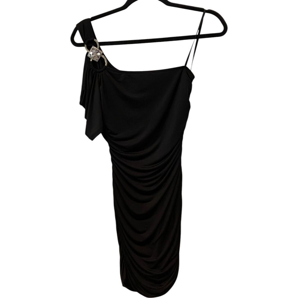 Deb Dress Womens Medium Black‎ One Shoulder Rhinestone Accent Ruched Mini Party